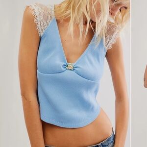 Free People Let's Talk Baby Tee Ribbed Lace Sleeve Embroidered Floral Top XS